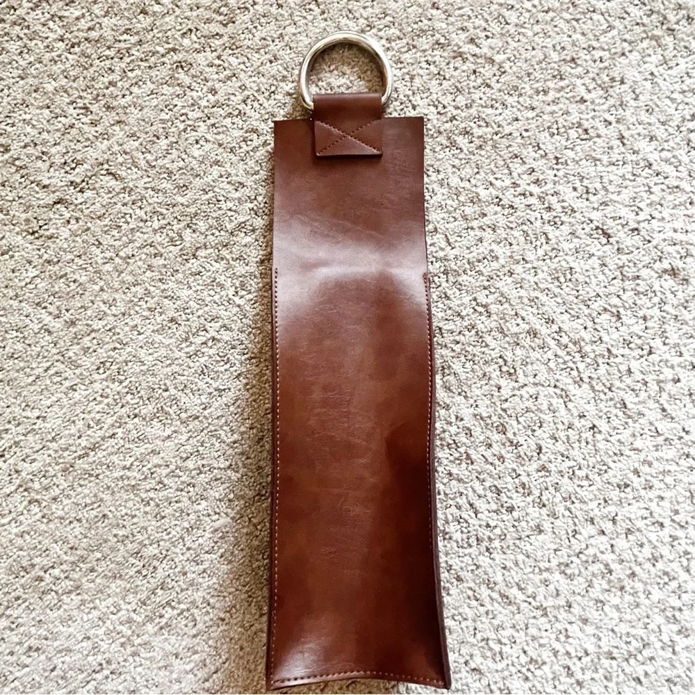 Brown Faux Leather Wine Carrier Tote Bag Top Metal Ring Handle Party Travel